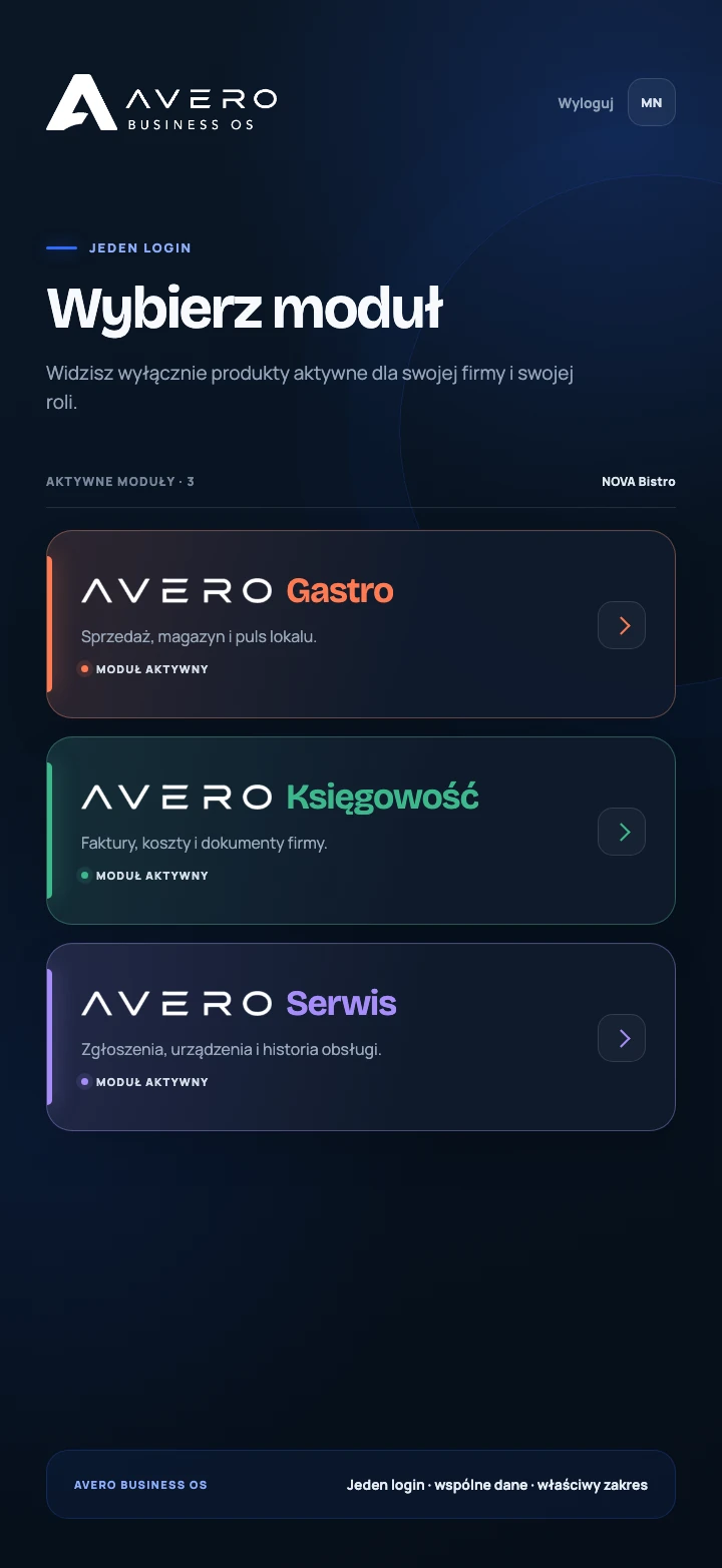 AVERO Business OS: ekran wyboru modułu bez ikon, z oficjalnym logotypem i kolorem każdego produktu